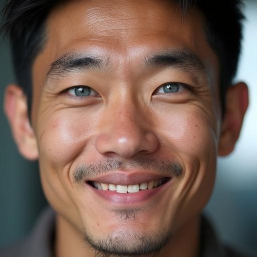 Close-up shot of a man from Kazakhstan with distinct Chinese features. Features blue eyes and visible dimples while smiling softly.