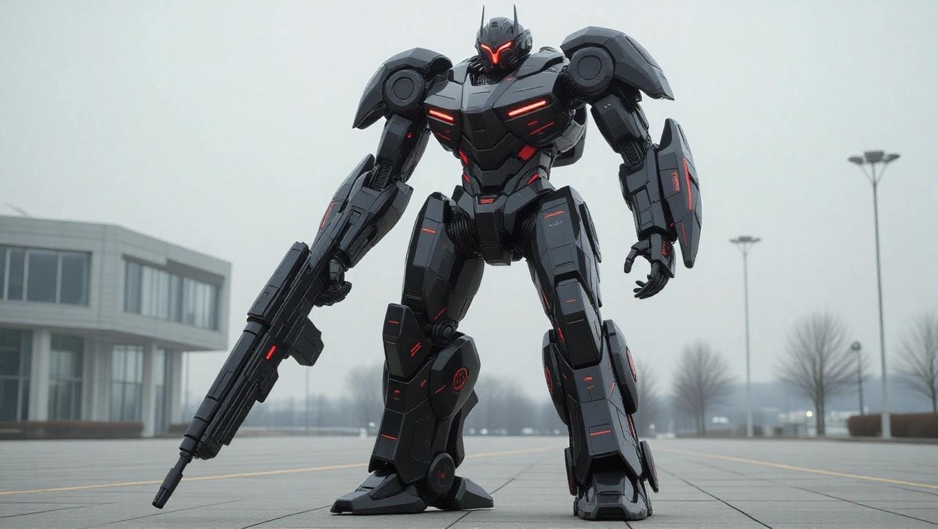 A realistic mech 20 meters tall features high-tech weaponry. The design has dark colors with futuristic curves.