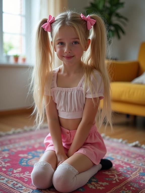 A teen with long blonde lush twin tails and pink bows kneels on a colorful rug in a soft-lit living room. She is wearing a short crop top and a pink short skirt with thigh-high socks.