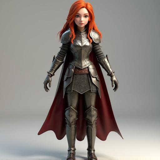 A female elf warrior with fiery red hair stands in a full body A pose. The character wears shiny armor with leather boots and steel shins. The image is in Pixar style. Very soft shadows illuminate the scene.