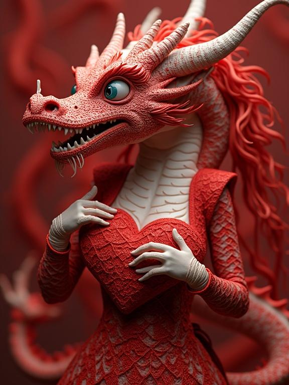 A hyper-detailed dragon character with red features. The character holds a heart-shaped object in its hands. The style includes zentangle designs and 3D effects. The background features red strings.