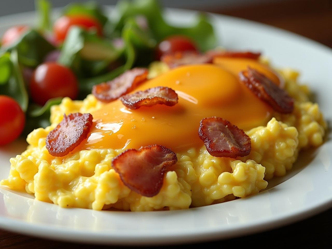 This image showcases a deliciously plated dish of scrambled eggs generously mixed with cheese and topped with crispy bacon. A perfectly runny egg yolk adds a touch of richness to the dish. Accompanying it is a vibrant side salad made with fresh greens, cherry tomatoes, and red onions, providing a colorful contrast. The lighting brings out the creamy textures of the eggs and the savory appeal of the bacon. Overall, this ultra-realistic representation of a breakfast plate is sure to tantalize viewers’ appetites.