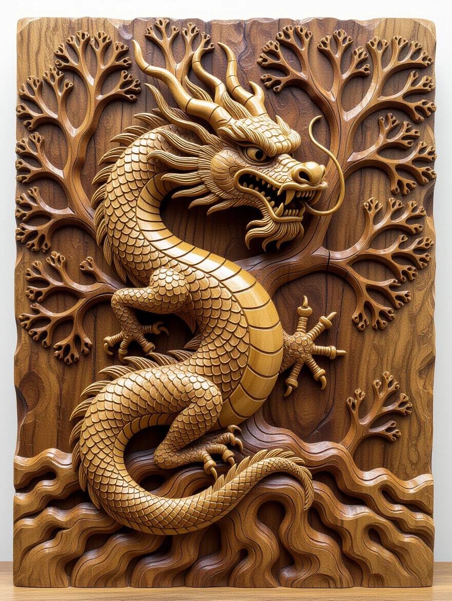 A wooden relief carving of a dragon-blood tree showcases detailed craftsmanship. The dragon's form is sculpted with rough wood grain. The piece evokes a sense of a living spirit within the wood.