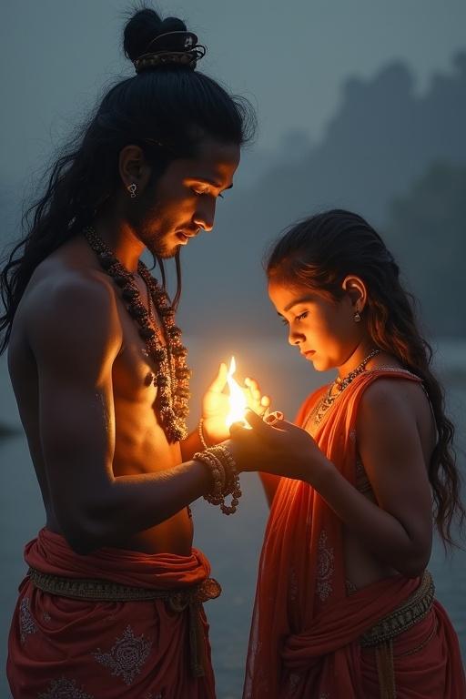 Mrikandu and Marudvati are praying to Shiva. They hold a glowing baby in their arms. The setting is serene. Their traditional attire glows in the light.