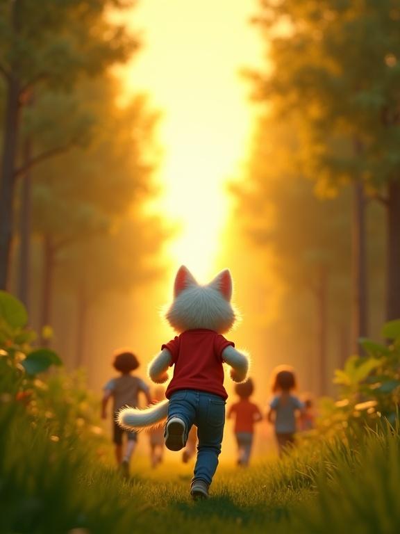 A furry white anthropomorphic cat runs down a forest path. Cat wears a red t-shirt and blue jeans. Cat leads diverse young children who run behind it. Intense golden light bursts from the horizon. Dense green forest on both sides. 3D digital illustration with Pixar/Dreamworks aesthetic. Epic backlighting and volumetric light rays create urgency and hope.