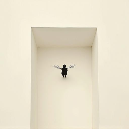Minimalist illustration featuring a small human figure with wings in a maze-like setting. The piece emphasizes oversized objects and a clean background. It showcases a contemporary wall art aesthetic with elegant composition and subtle grain texture, creating a poetic tone.