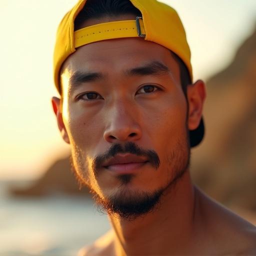 Close-up portrait of a Taiwanese man with a relaxed vibe. Neatly trimmed beard without a mustache. Very short buzz-cut hair. Bright yellow cap worn backward. Warm sunset lighting. Background hints at coastal setting.