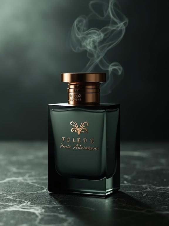 Luxurious niche perfume bottle design. Frosted deep charcoal glass with engraved logo. Fragrance name elegantly scripted. Sleek gold cap. Smoky tendrils in the air. Setting on dark marble surface. Soft natural lighting.