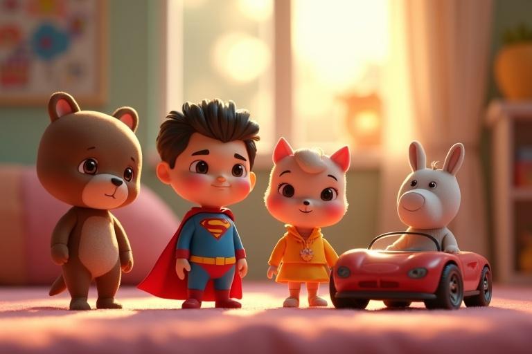 3D animated scene showing close-up of toys on a shelf. Toys include a superhero, teddy bear, and a rabbit car. They have gentle expressions and are human-like outfits with soft daylight colors. Background shows a cozy bedroom with sunlight.