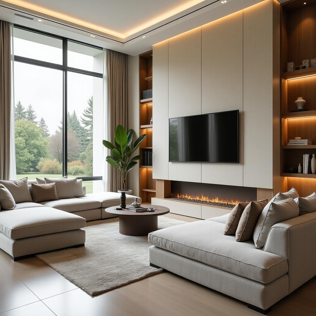 Stylish modern living room design with sectional sofa. Large windows allowing natural light. Minimalistic decor with warm colors. A fireplace and a coffee table are present.