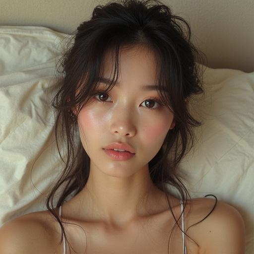 Image of a beautiful, elegant, and sexy Asian woman with a serene expression. Close-up portrait with soft lighting. Gentle color palette highlighting natural beauty.