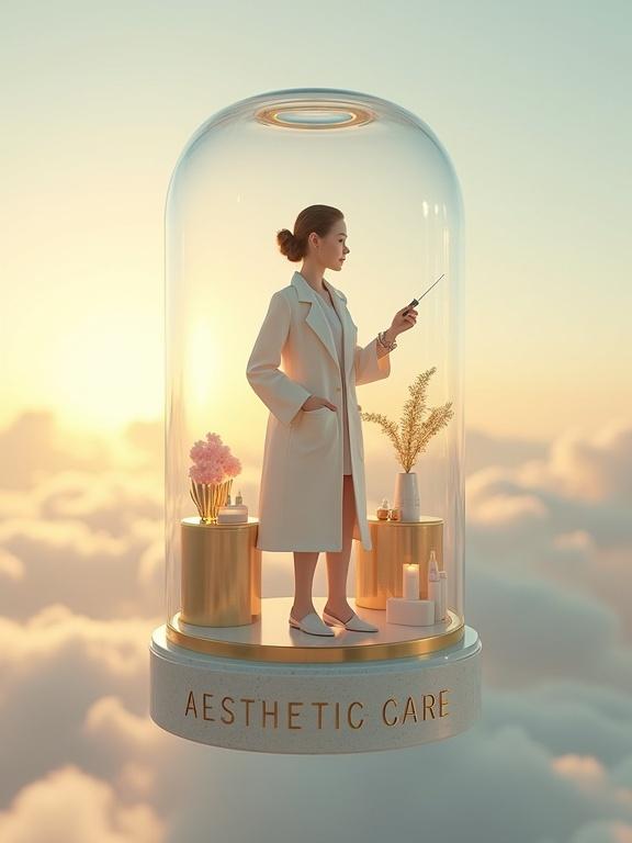 A large glass gashapon capsule floats in a cloudy sky. It captures a diorama of a confident woman in a white medical coat. She holds a syringe. The capsule's interior mimics a high-end clinic with pastel colors and gold accents. The base states 'AESTHETIC CARE'. Lighting creates reflections and highlights details. The image is photorealistic with a portrait aspect ratio and shallow depth of field.