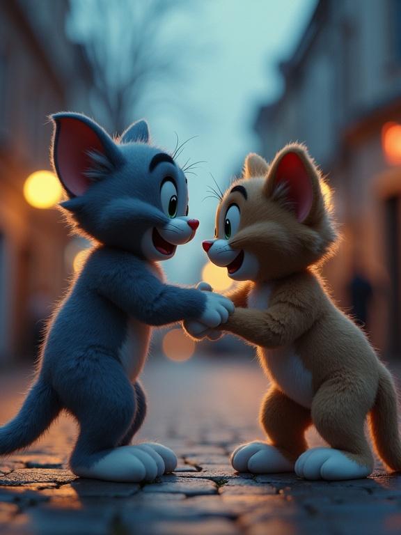 Tom and Jerry as realistic characters in an ultrarealistic photo. High-fiving each other in a warm, friendly manner. Captured during blue hour in a beautiful evening setting. Soft ambient lighting enhances their joyful expressions.