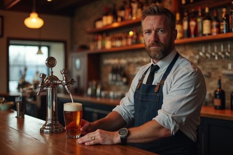 A bartender standing behind the bar counter. He pours a beer into a glass. The bar is well-stocked with bottles in the background. The environment is warm and inviting.