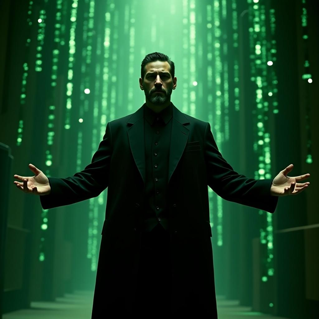 Create an ultra-realistic image depicting a figure resembling a character from a cyberpunk narrative inside a digital matrix environment. The figure is standing with open arms in a welcoming gesture. The background features vertical green code-like streams. The figure has a short beard and is dressed in a dark coat.