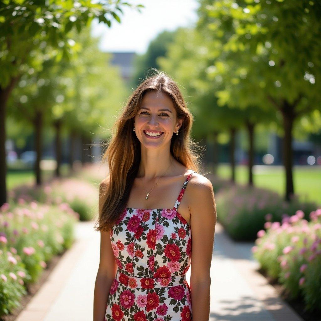 A woman stands confidently in a park. She wears a floral dress and smiles brightly at the camera. Green trees and blooming flowers are in the background.