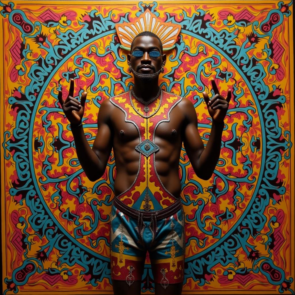 A person stands against a vivid patterned background. The figure showcases intricate body art and stylish attire. Their pose is dynamic, conveying confidence and cultural richness. The colors are bright and engaging. Intricate designs surround the figure, highlighting the aesthetic features of the art.