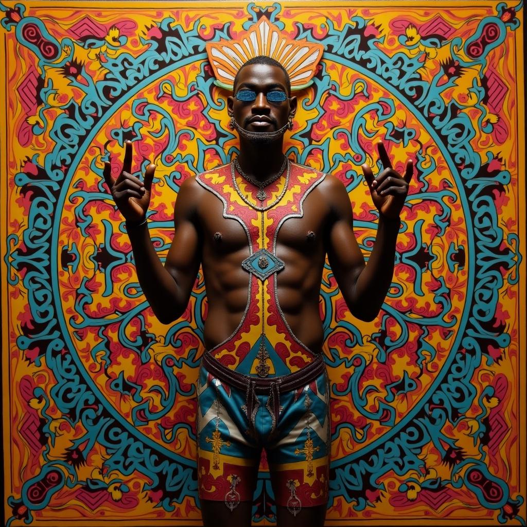 A person stands against a vivid patterned background. The figure showcases intricate body art and stylish attire. Their pose is dynamic, conveying confidence and cultural richness. The colors are bright and engaging. Intricate designs surround the figure, highlighting the aesthetic features of the art.