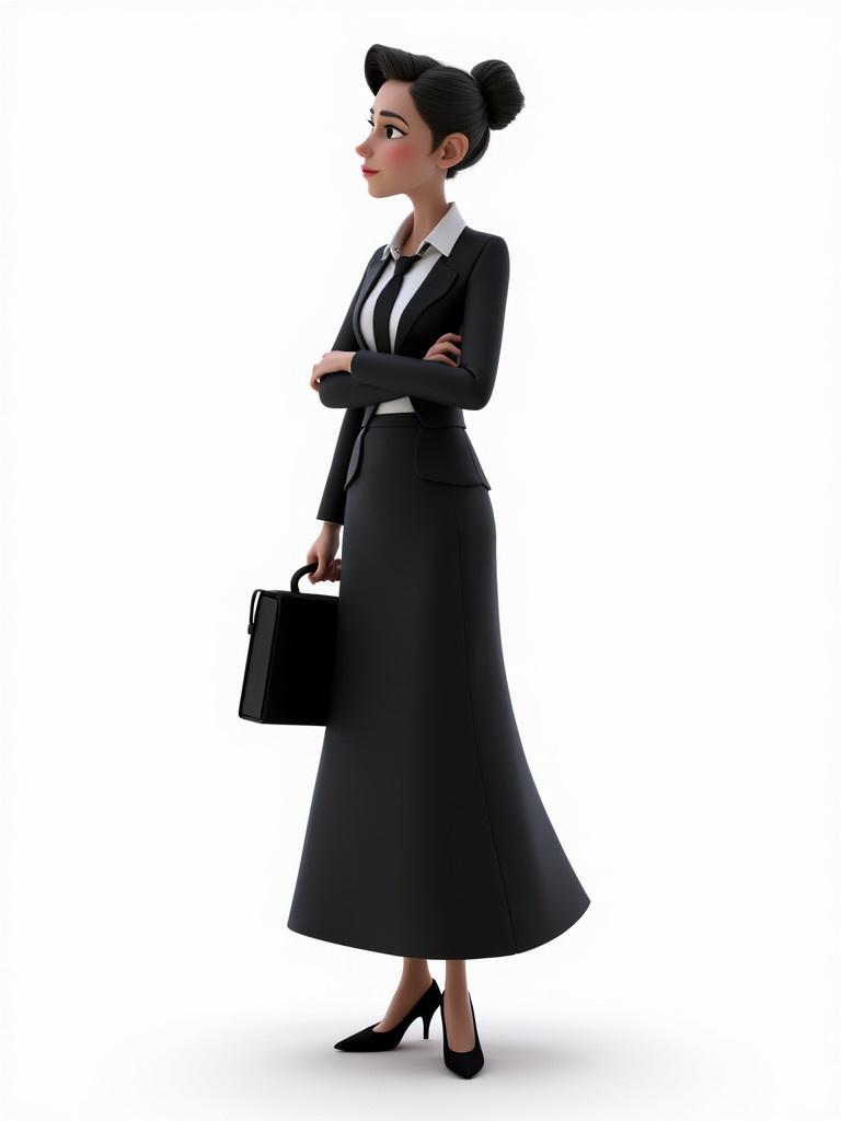 3D render of a senior female character. Formal attire with a long skirt and blazer. Posed against a white background. Suitable for corporate themes.