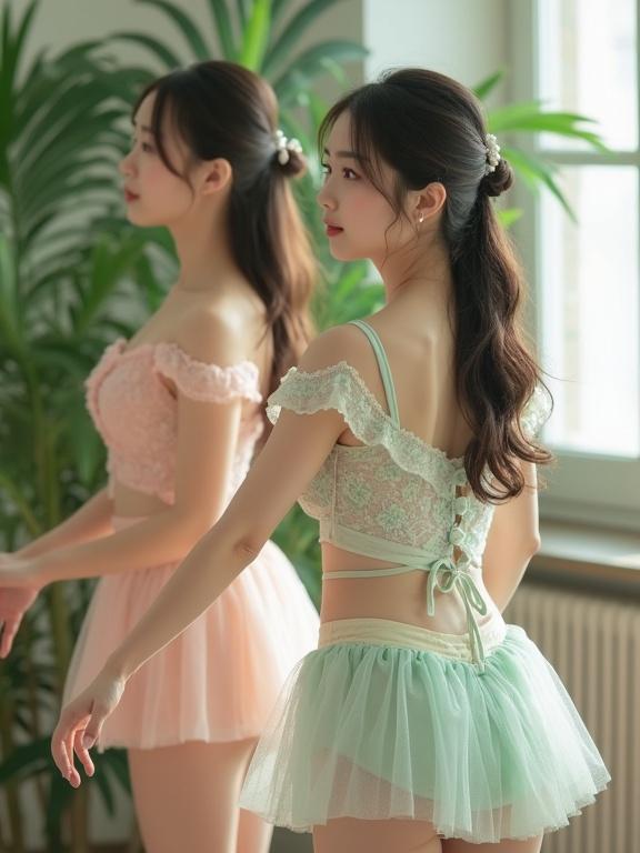 Two young women doing stretches in a bright office space. Outfits are pastel colored with lace details. One is wearing pink lace, the other mint green. Both outfits have off-the-shoulder designs. Their long hair is tied back. The scene includes plant decorations. The light is soft and natural. The overall feel is vintage and delicate.