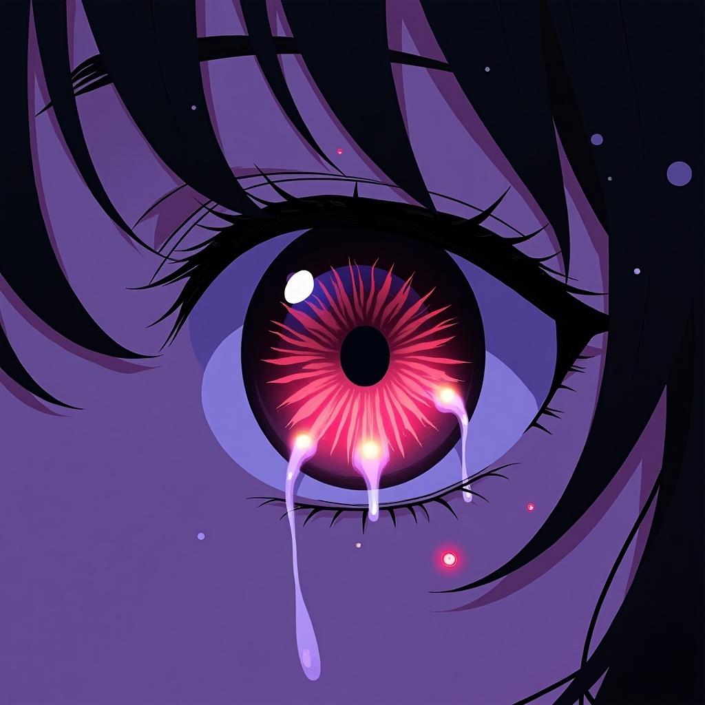 Close-up of an eye against a purple background. Inspired by anime and cyberpunk genres. Ghostly figures integrated into the background. Eye is vibrant with intricate details. Art reflects lost emotions, interplay of darkness and light.