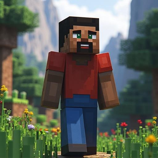 Pixelated character resembling Steve from Minecraft walks through a green and colorful environment with flowers and mountains in the background.