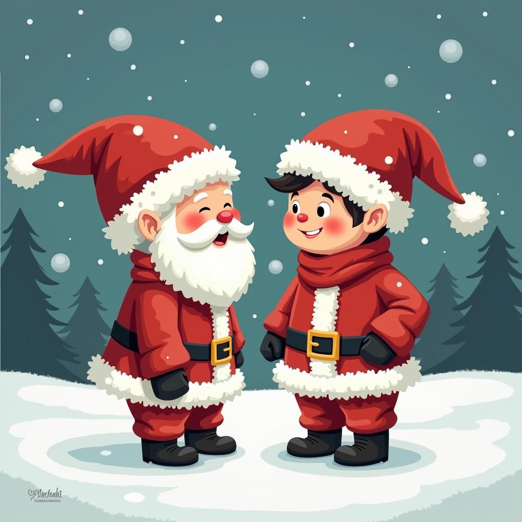 The image features two cheerful characters dressed as Santa Claus in a snow-covered scene. One is an older Santa with a long beard, and the other is a younger boy, both wearing red suits and hats. They are standing on a snowy surface surrounded by cartoonish pine trees. Snowflakes are gently falling from the sky, creating a magical atmosphere. The characters are depicted with large smiles, radiating joy and holiday spirit. The image is colorful and festive, encapsulating the essence of Christmas cheer.