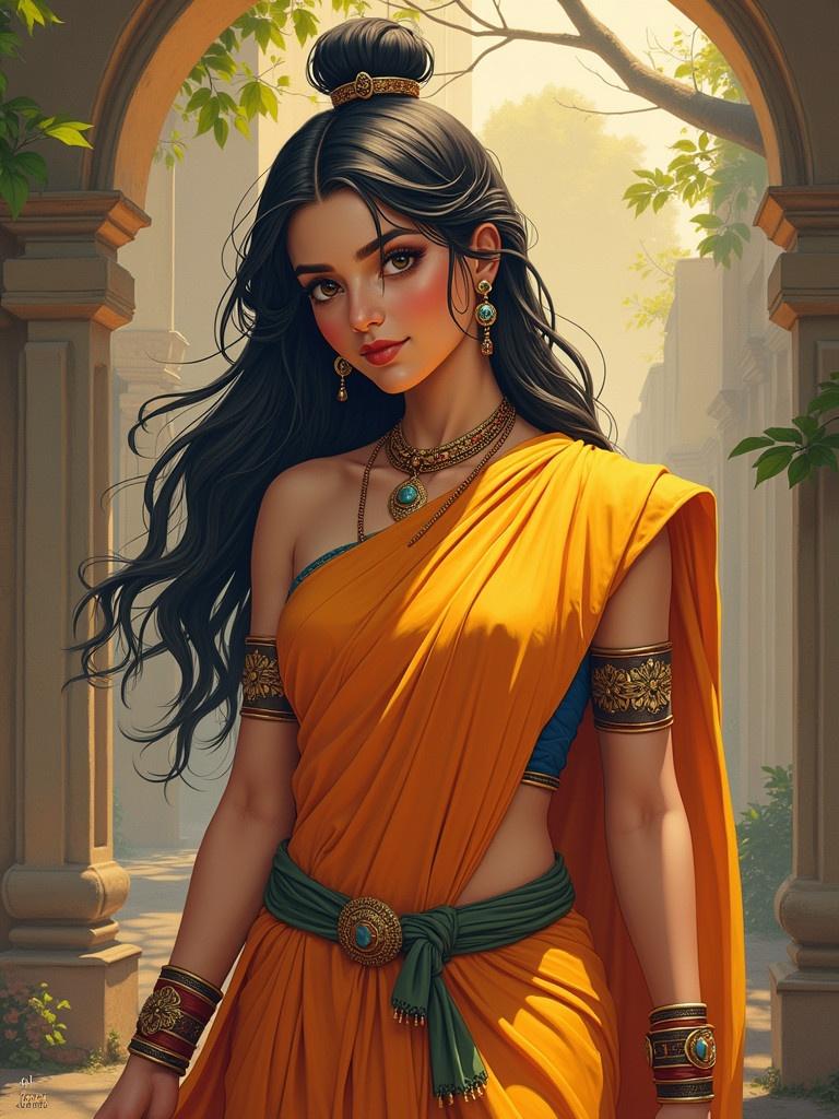 Image of a traditional Indian woman wearing a vibrant orange saree with intricate jewelry. The background features ancient architecture and lush greenery, evoking a serene atmosphere.