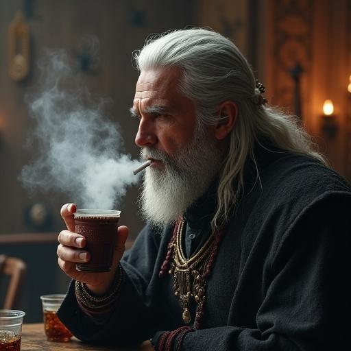 A character holds a hookah in a cozy coffee shop. The atmosphere is intimate and warm. Smoke rises gently from the hookah. The character has long hair and a distinctive medieval outfit.