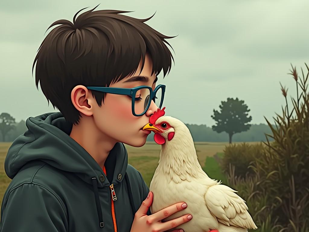 This image captures a tender moment between a young boy and a white chicken, set against a soft countryside backdrop. The boy, wearing blue glasses and a grey hoodie, gently kisses the chicken, conveying a sense of care and affection. The image's warm, muted colors create a serene and pastoral atmosphere, highlighting the bond between humans and animals.