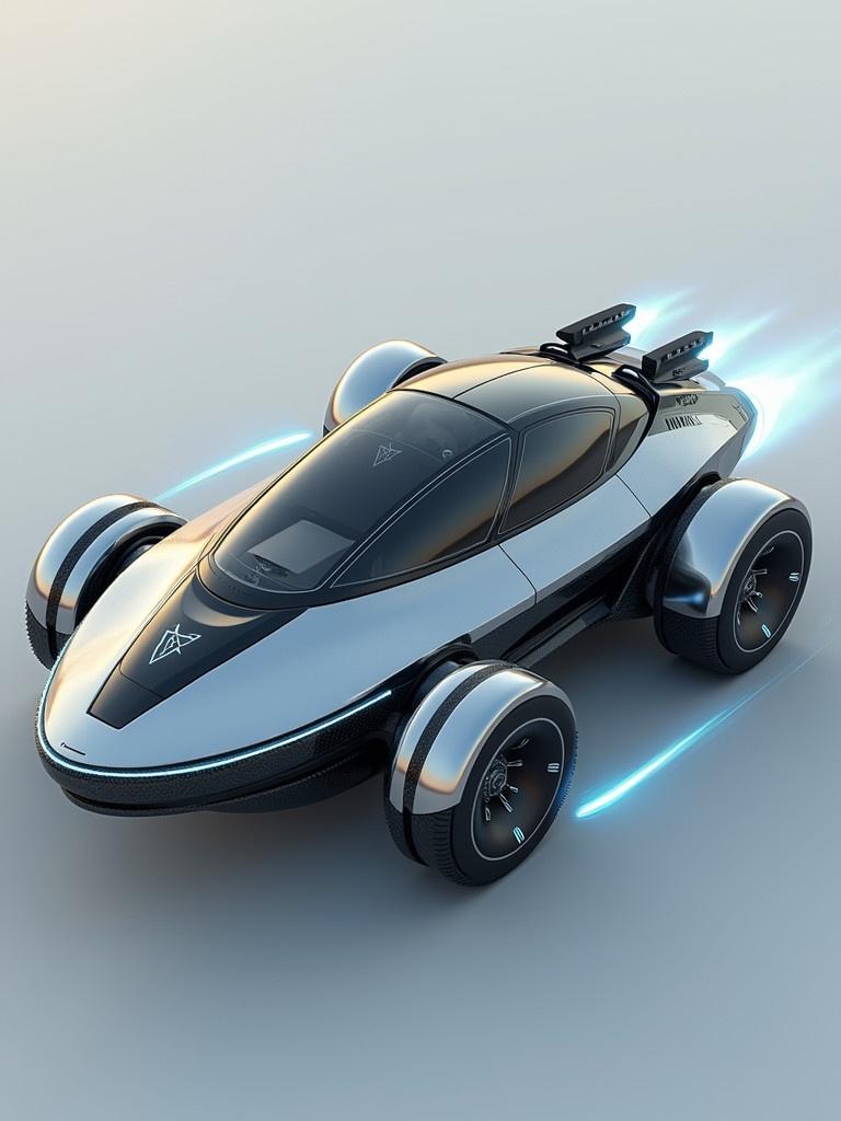 A futuristic hovercraft with a sleek aerodynamic design. Designed for speed and versatility. The body has smooth reflective silver and matte carbon fiber accents. Shape is elliptical with sharp lines. Underside has large semi-transparent anti-gravity pads that glow blue. The cockpit has a single panoramic glass canopy and minimalist interior with holographic controls. Concealed thrusters provide vertical lift and twin rear engines power the craft. Ideal for urban and rugged terrain navigation.