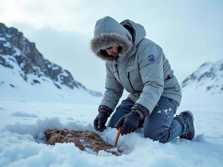A scientist in a cold-weather expedition suit kneels in snow uncovering a fossil. The scene is Antarctica with rugged icy terrain and distant mountains. The scientist uses tools and appears focused. The style is realistic and detailed with a 16:9 aspect ratio.