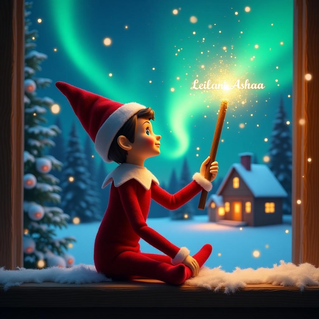 Elf on the shelf with a glowing wand gazing up at colorful northern lights. Cozy house in the distance. Snow covers the ground. The elf represents magic and Christmas wonder. The name ‘Leilani-Ashaa’ is displayed in the air from the wand.