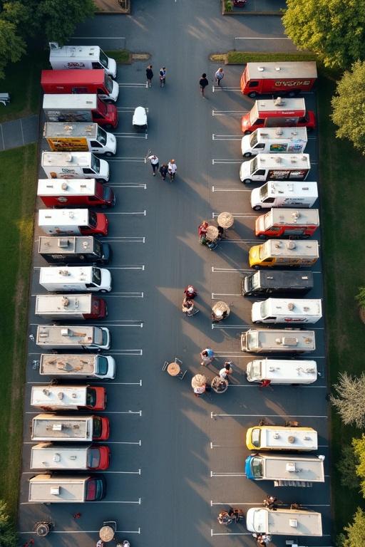 Aerial view of a trapezium-shaped parking lot filled with forty-four food trucks parked vertically in lines. Defined parking spots and a busy pedestrian street scene in the middle with tables for sitting.