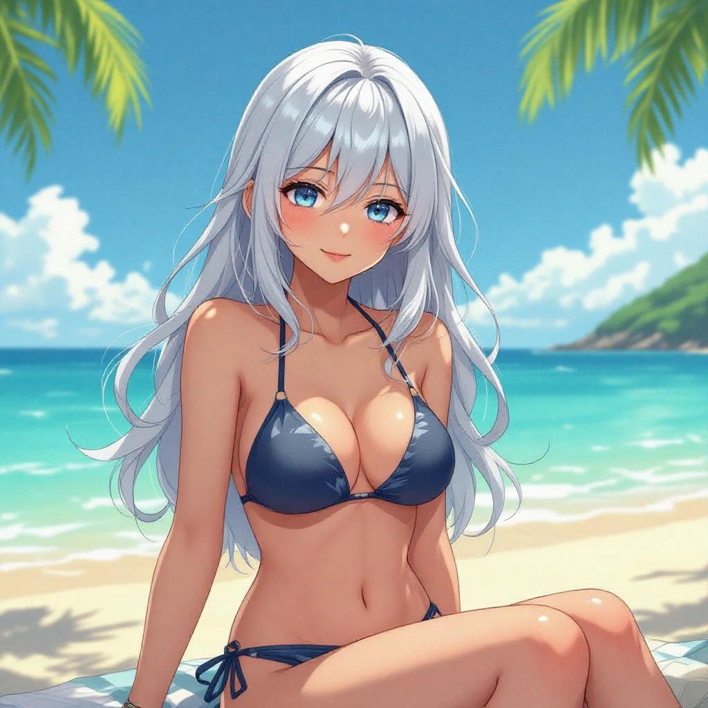 Anime character with silver hair and blue eyes sitting on the beach in a bikini. Background shows tropical scenery with palm trees and ocean.