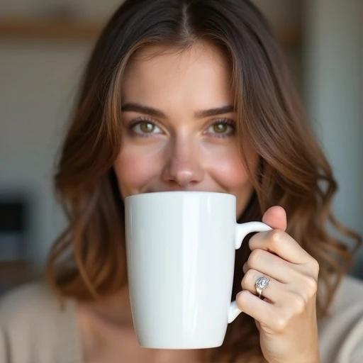 Attractive brunette woman holding a white cylindrical mug with her right hand. The mug has no seams logos or text. The focus is on the mug and her hand in a casual setting.