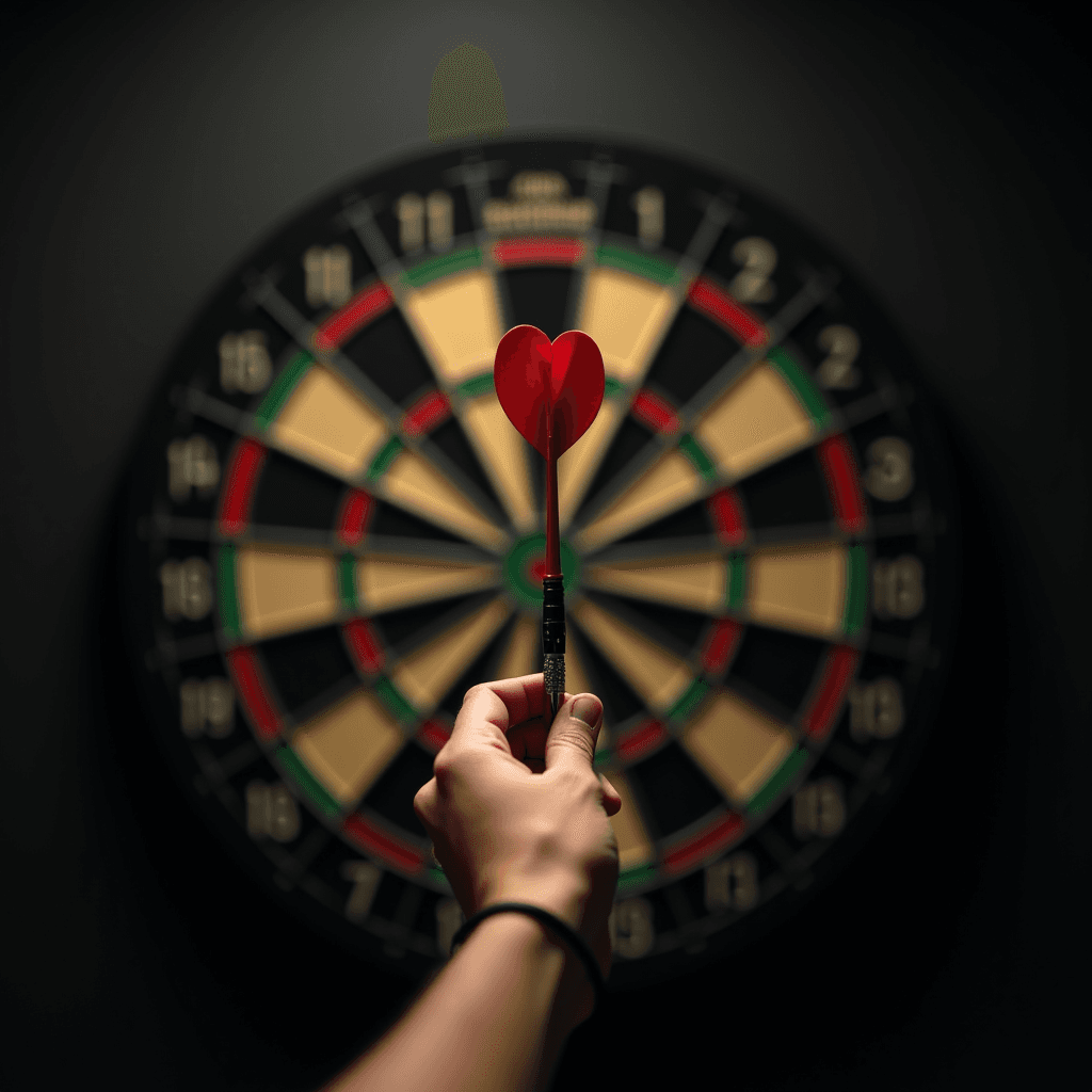 A person holds a red dart in focus against a blurred background of a dartboard.