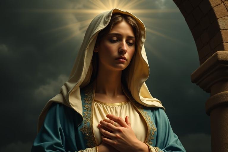 Close-up of Virgin Mary illuminated by golden light. Background features stormy sky. Her expression shows sorrow and strength. Hands are clasped gently at her chest. Richly textured robe in deep blue and ivory. Fabric folds catch light dramatically. Elements include storm clouds and divine rays. Atmospheric with a glowing halo effect.