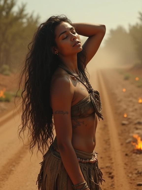 Realistic photo of a confident woman on a dusty road. She has long curly hair and tan skin. The scene captures a post-apocalyptic feel. Light smoke and fire surround her, emphasizing the harsh environment. The woman wears tattered clothing, exuding strength and resilience. Her expression is serene and calm despite the setting.