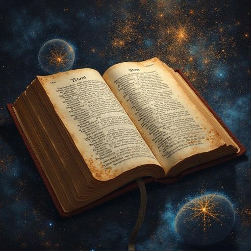 Open ancient book with faded text. The book is surrounded by a cosmic background of stars and galaxies. The book appears worn with visible age marks and a ribbon bookmark. The scene combines themes of spirituality and science.