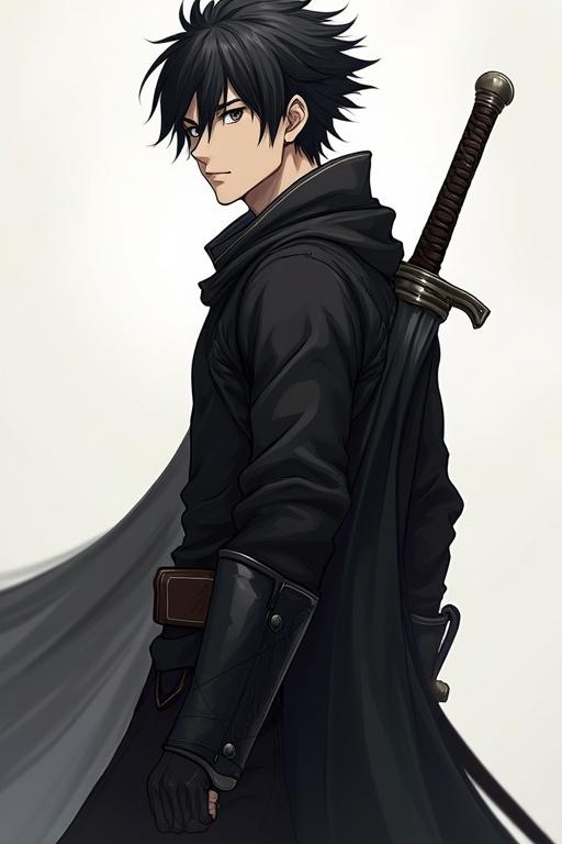 Anime style character design features a young man with black spiky hair. Wearing a tight, simple black outfit. One sword at his back, covered by its sheath. Muscular appearance with a light beard. Inspired by Attack on Titan art style. Standing in a poised stance.