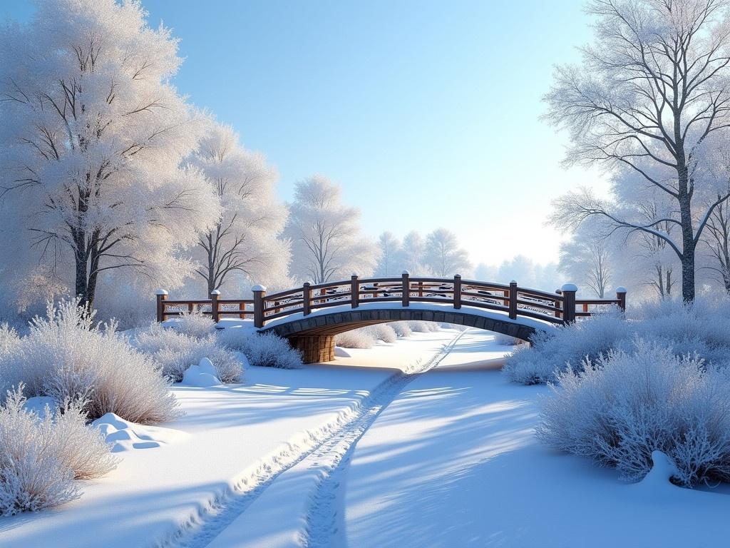 This image depicts a serene winter landscape adorned with fresh snow. A charming wooden bridge arches over a path covered in snow, inviting viewers to imagine a peaceful walk. Surrounding the bridge are trees and bushes heavy with snow, creating a soft, white blanket across the scenery. The sunlight reflects gently off the snow, illuminating the scene and casting delicate shadows. In the background, more frost-laden trees stretch into the horizon, enhancing the tranquility of the setting. The clear blue sky above adds to the beauty of this winter wonderland.