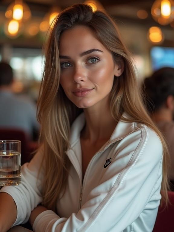 A highly realistic full-body photo of a young Swedish woman in a bar. She has long light brown hair and a white Nike tracksuit top. She is smiling softly at the camera holding a drink. Background is blurred, capturing a lively atmosphere.