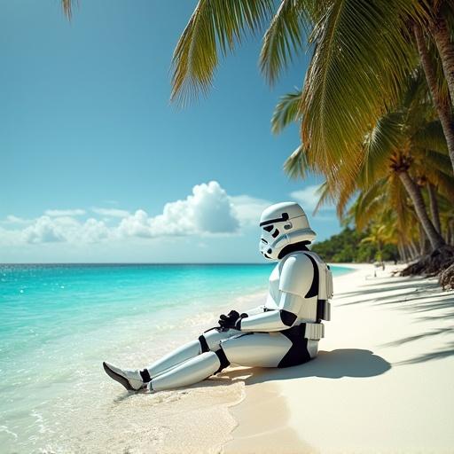 A Stormtrooper sits on a white sandy beach. Ocean stretches endlessly in front. Palm trees sway in the breeze. The sky is clear with fluffy clouds. Sunlight gives a golden glow. A blend of sci-fi and paradise.