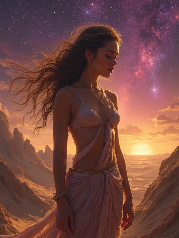 Ultra-sharp portrait in a surreal, textured style. Starlet with long hair stands in a swirling landscape. Deep disappointment and astonishment on her face. Clothing appears slashed. Warm amber and gold colors create an ethereal glow. Background features abstract, moving patterns and a starry backdrop with purple and pink gradient. 300 dpi. Masterpiece with breathtaking sharpness.