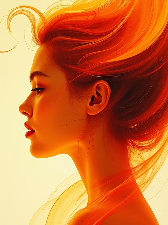 Abstract swirls of purple and orange mix to form the profile of a beautiful woman. The design is dynamic and visually striking. The colors vibrate with energy, evoking movement and emotion. Clean lines and bold shapes are featured, reminiscent of Mondrian and Kandinsky, with a psychedelic touch inspired by Peter Max.