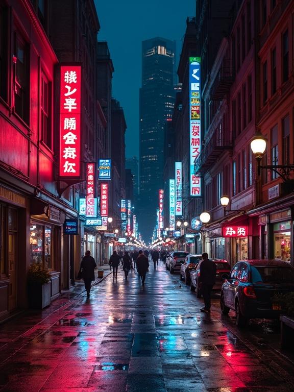 City street at night with neon signs and wet pavement. People walking on the sidewalk. Brightly illuminated signs create a colorful ambiance. Reflections on the wet ground. A tall building appears in the background. Nighttime atmosphere with vibrant colors.