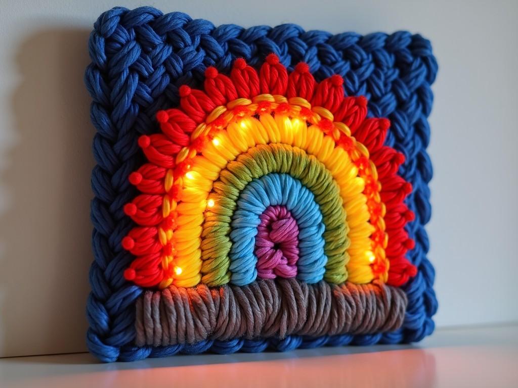 A yarn art piece depicting a brightly colored rainbow with internal lighting, mounted on a wall.