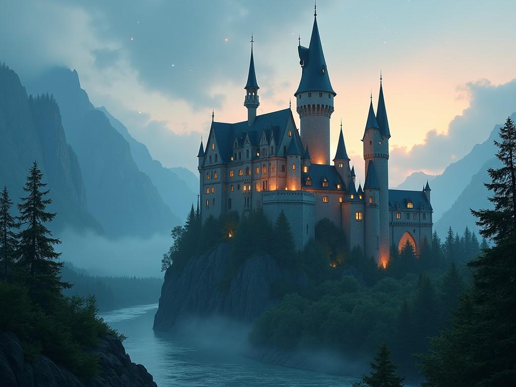 A majestic castle is situated on a rocky outcrop near a winding river. The architecture is elaborate, showcasing tall towers and intricate designs. Soft lights emanate from the windows, creating a warm glow against the cool evening sky. Surrounding mountains provide a dramatic backdrop, shrouded in mist. The scene evokes a sense of magic and fantasy, perfect for storytelling or artwork.