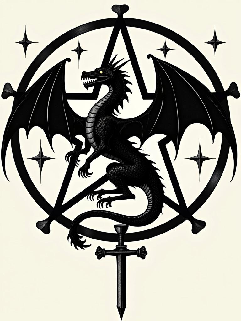 Black dragon depicted in profile. Bat-like wings displayed. Inverted five-pointed star forms background. Circle surrounds the star. A sword and cup included in the design. Stars and inverted cross add detail.